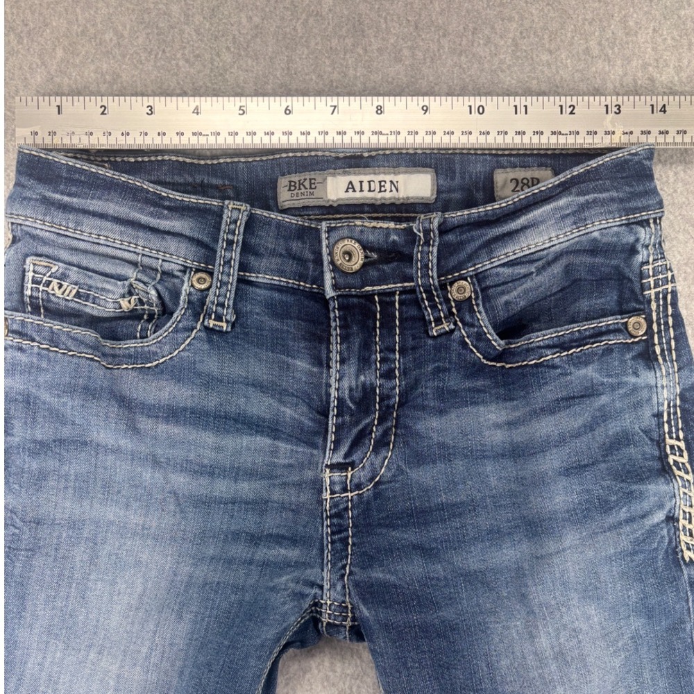 BKE Aiden Jeans Women's 28R Bootcut Mid Rise Stretch Whiskered Dark Wash Denim - Picture 9 of 12